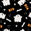 Halloween seamless pattern with cartoon ghost, bats, spider, decor elements on a neutral background. Colorful vector flat style. h Royalty Free Stock Photo